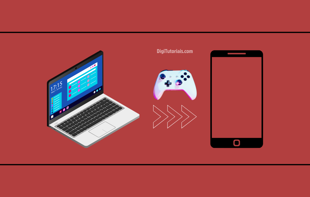 Notebook, controle de video game e smartphone