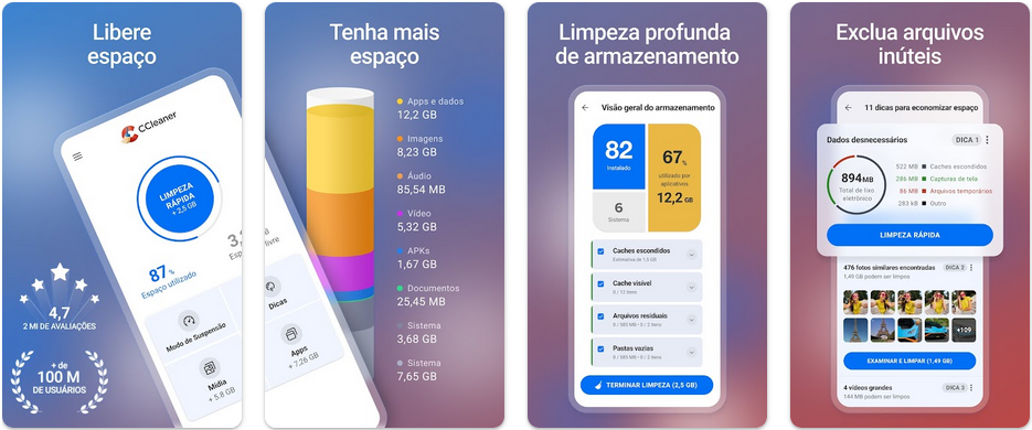 Imagens do aplicativo CCleaner na Google Play Store