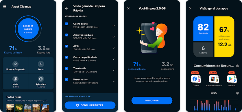 Imagens do aplicativo Avast Cleanup na Google Play Store