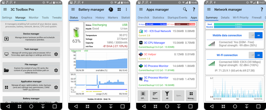 Imagens do aplicativo 3C All-in-One Toolbox na Google Play Store